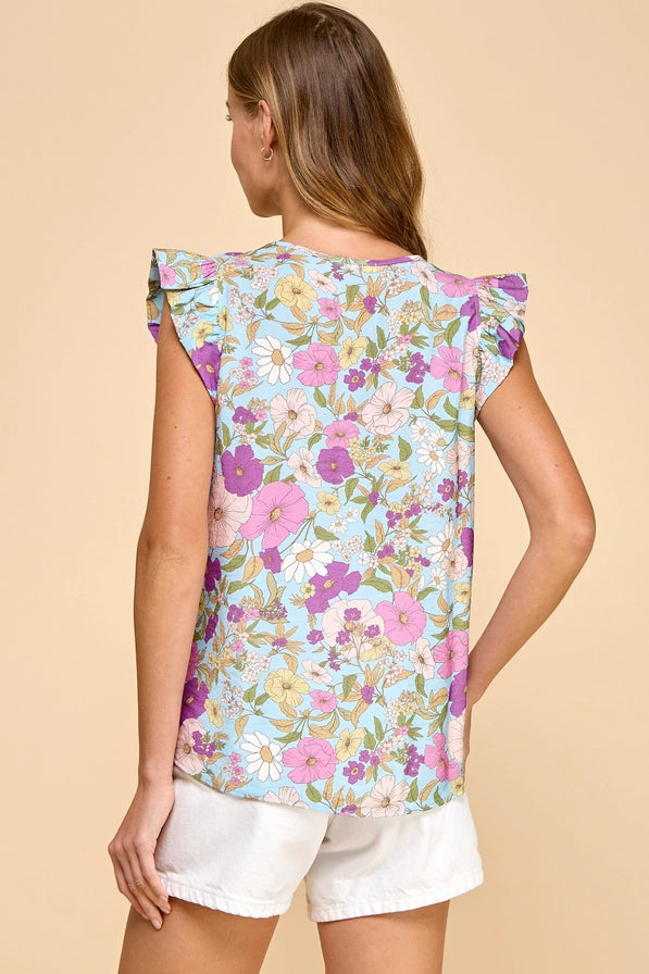 Light Blue Floral Ellie Top with Ruffled Sleeves