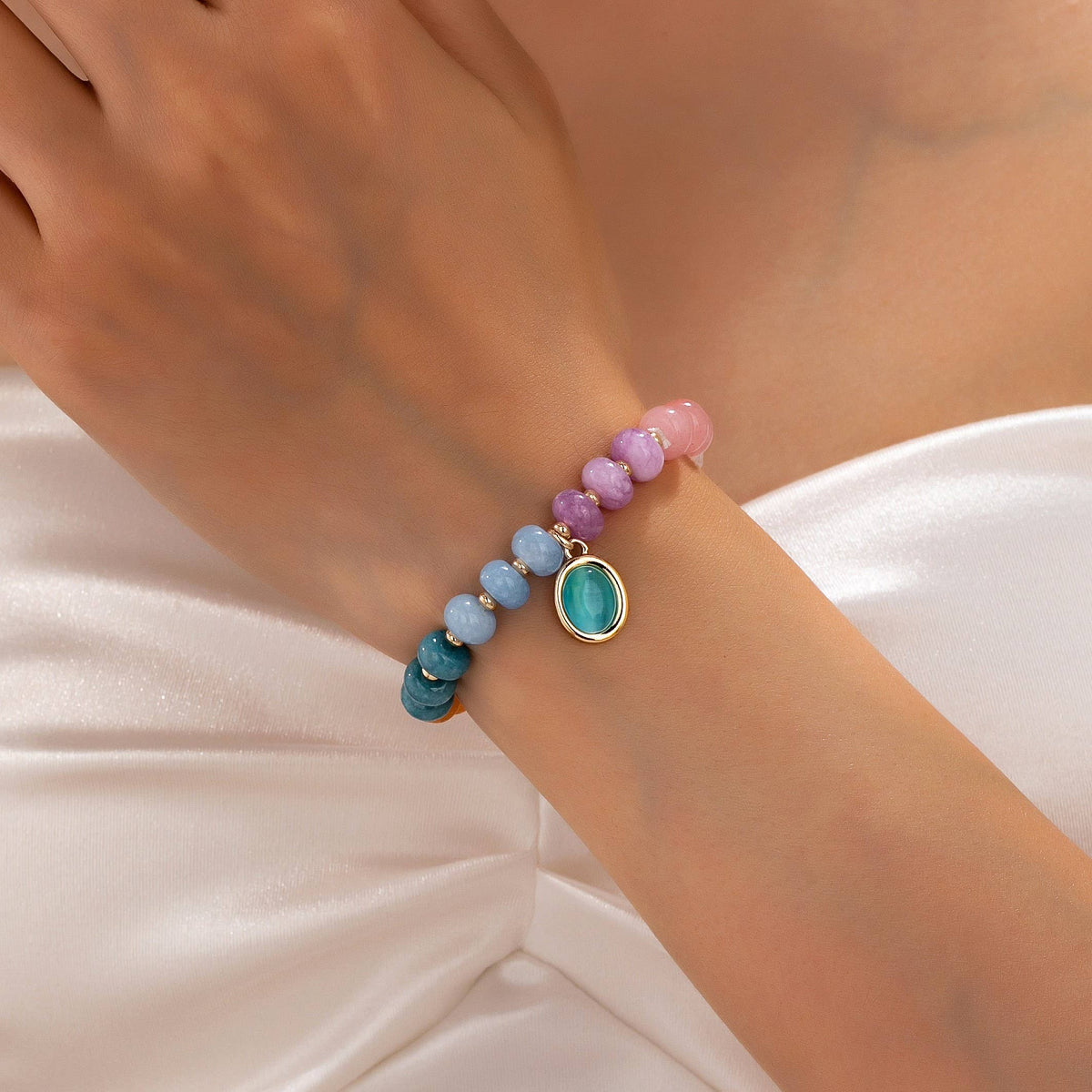 Natural Stone Cateye Charm Stretch Bracelet