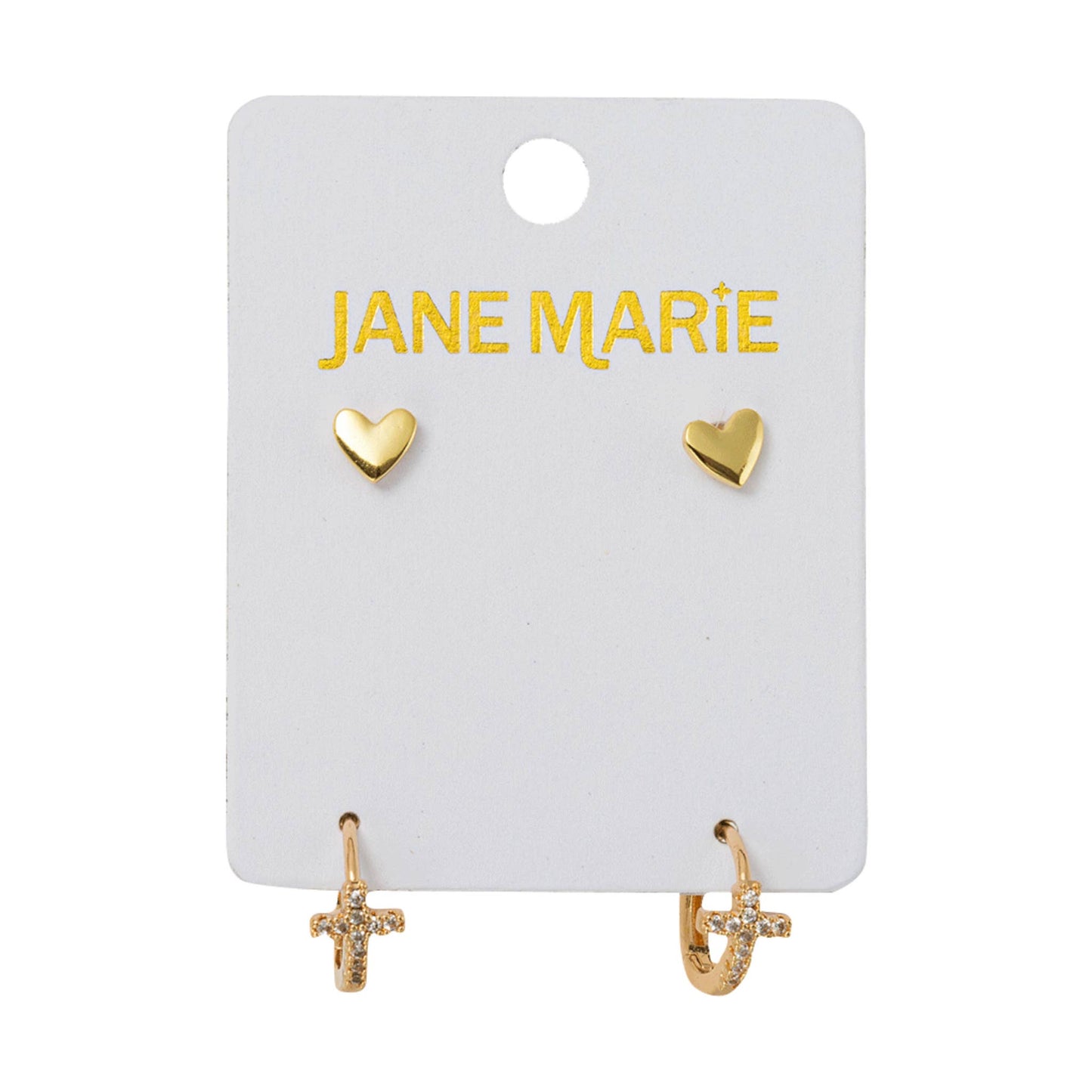 18K Gold Plated Heart with Cross Huggie Earring Set