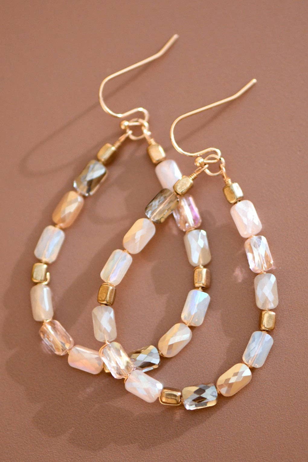 White & Tan Teardrop Beaded Earrings
