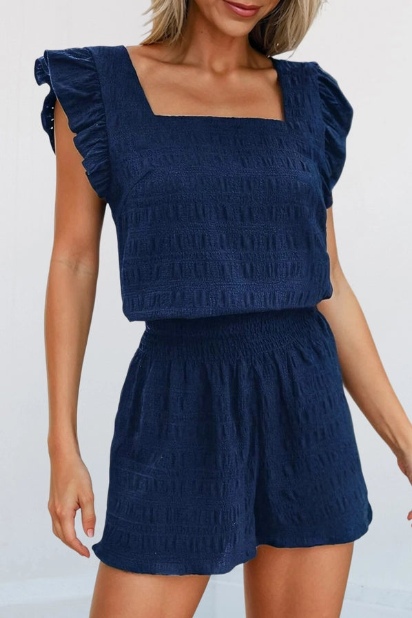 Navy Textured Square Neck Top & Shorts Set