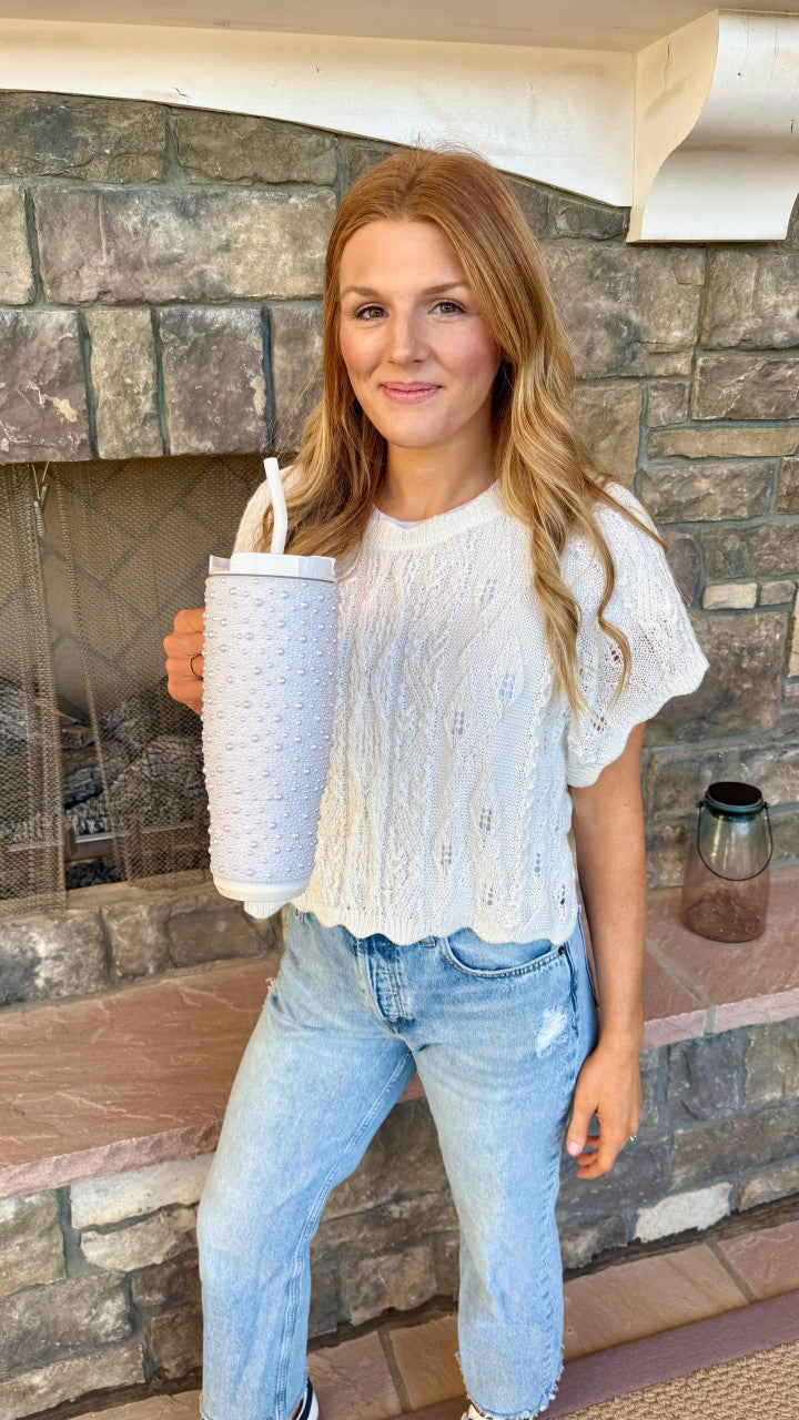 White Pearl Rhinestone 40 oz. Handle Tumbler