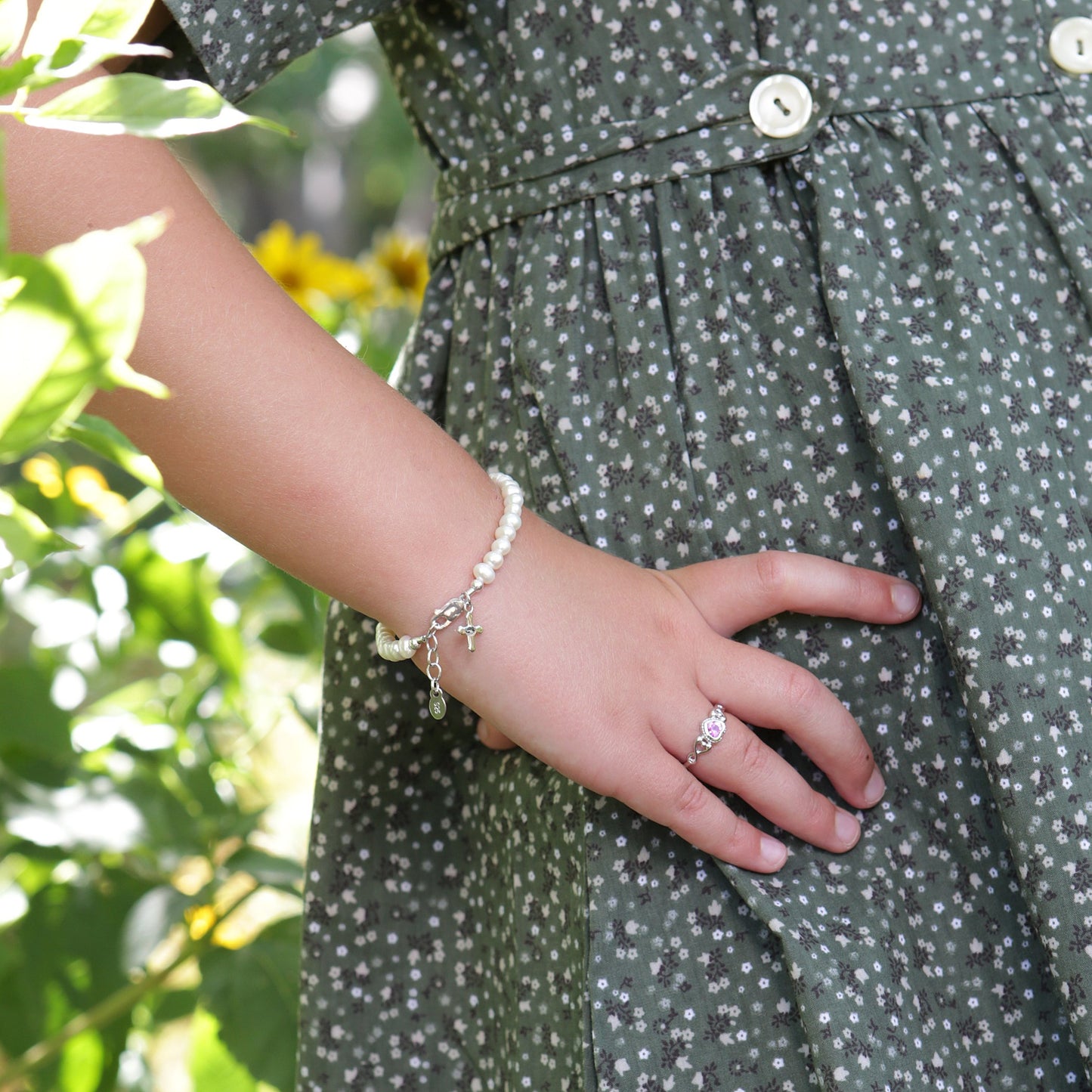 Lacey - Sterling Silver Pearl Cross Bracelet