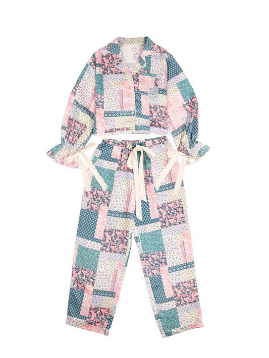 Quilted Pattern Pj Bow Long Sleeve Pant Set