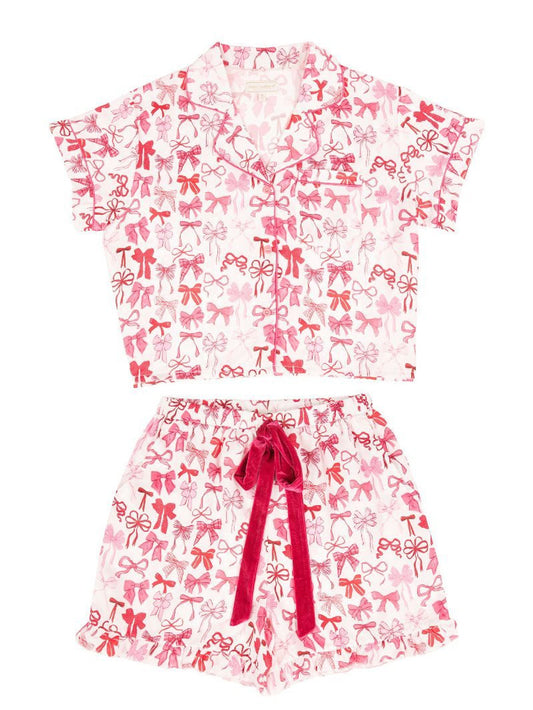 Pink Bows Pj Button Short Set
