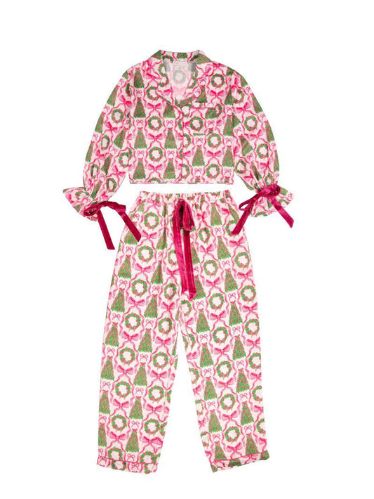 Green Trees Pj Bow Long Sleeve Pant Set