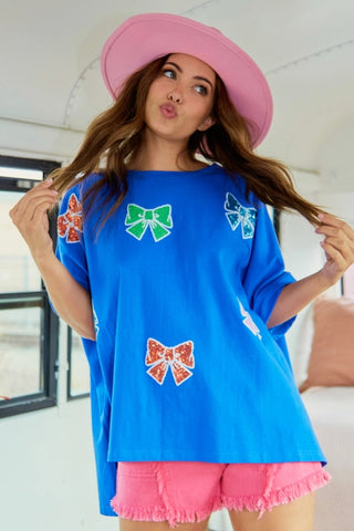 Royal Blue Sequin Bow Patch Tee