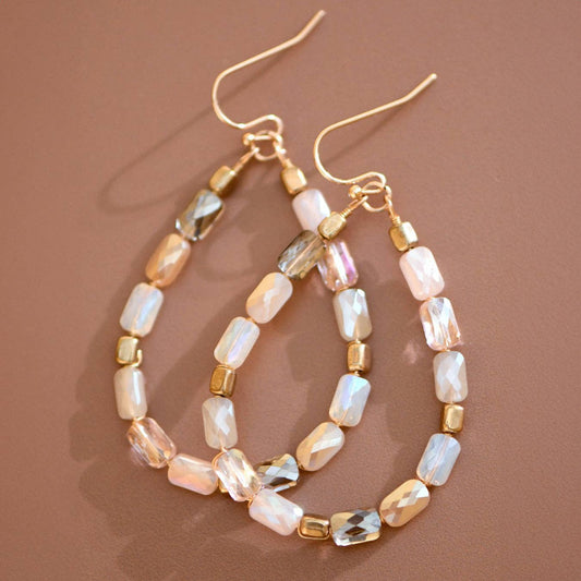 White & Tan Teardrop Beaded Earrings