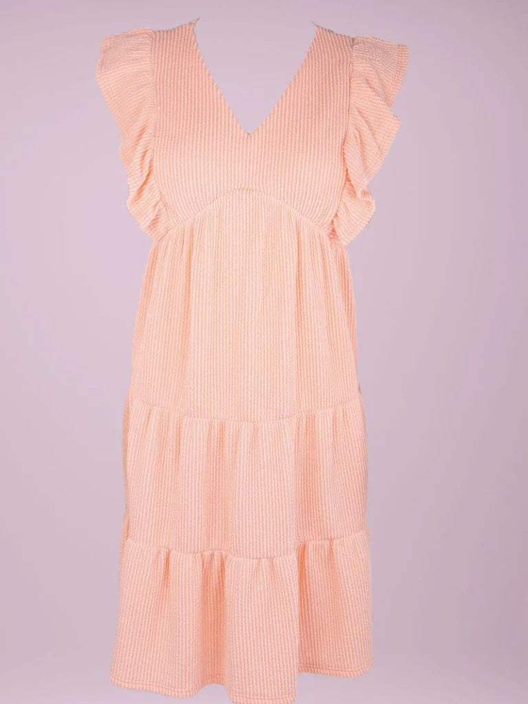 Coral Ribbed Knit Ruffle Dress