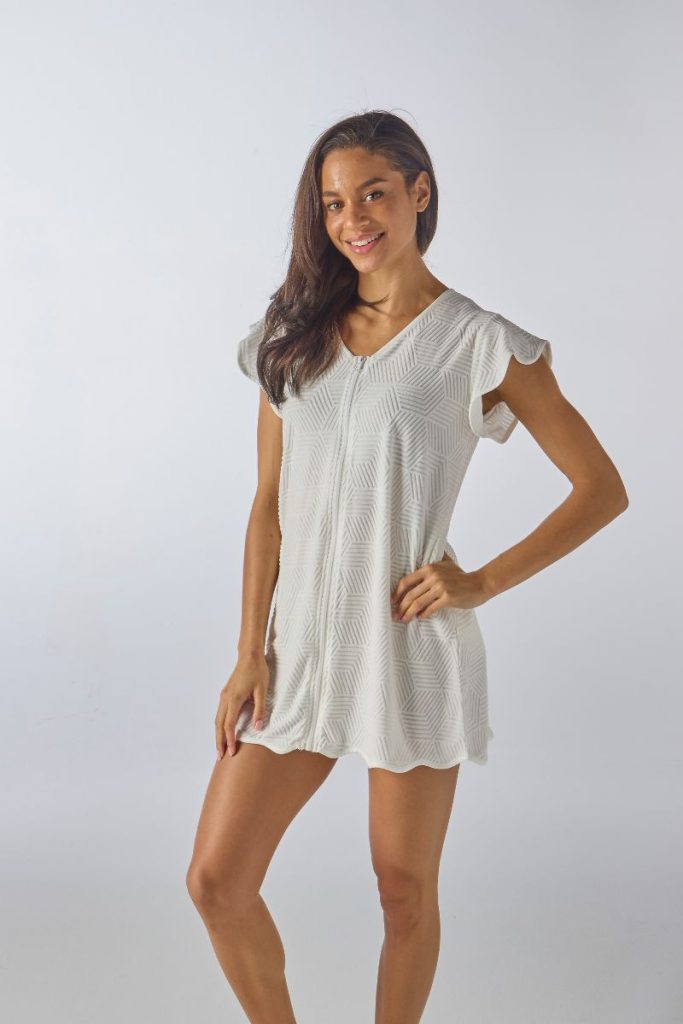 White Terry Textured Zip Up Dress