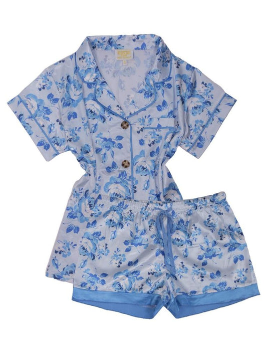 Blue Flower Silky Button Pj Short Set
