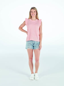 Coral Ribbed Knit Ruffle Tee