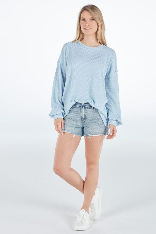 Ice Blue Ribbed Knit Ruffle Oversized Top