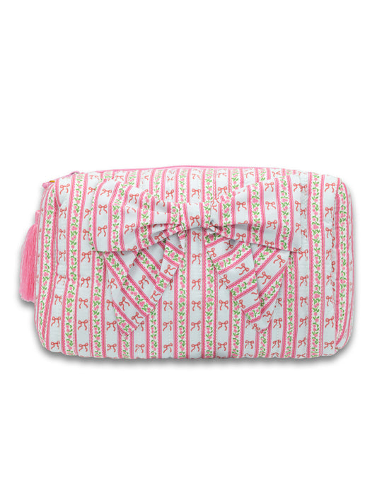 Bow Stripe Quilted Bow Cosmetic Bag