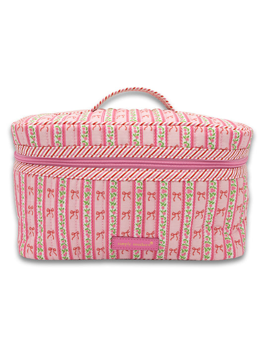 Blush Stripe Quilted Train Makeup Case