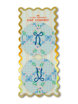 Gingham Floral with Blue Bow Car Coaster Set