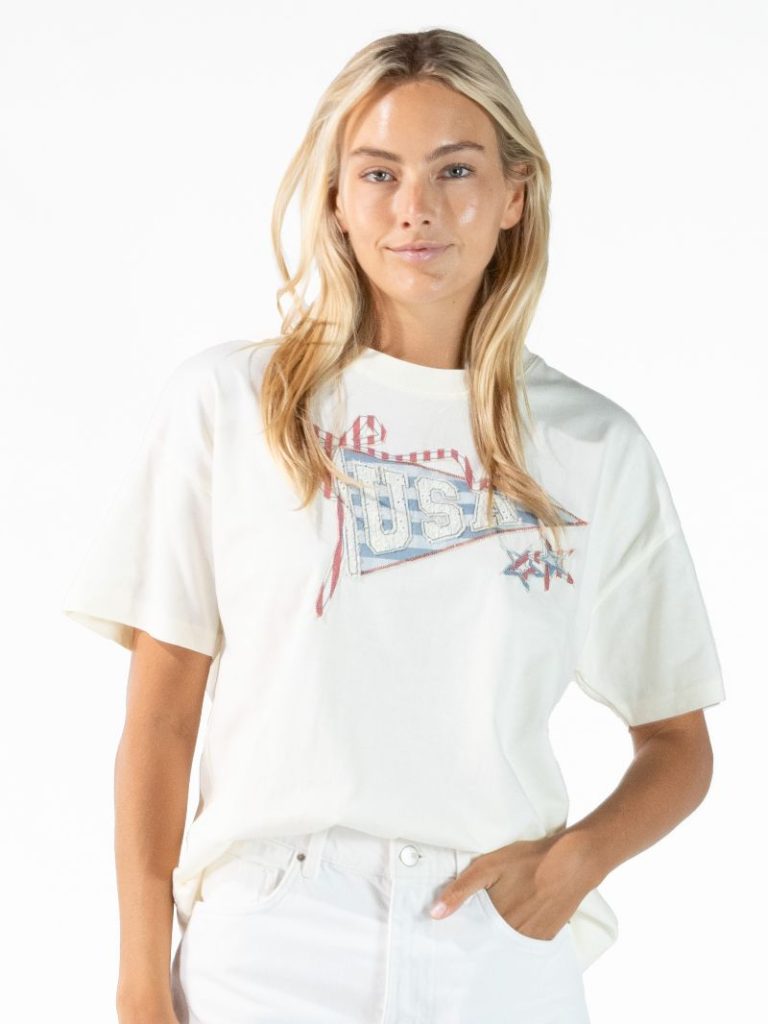 Beige Applique USA Flag Bow Tee