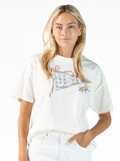 Beige Applique USA Flag Bow Tee