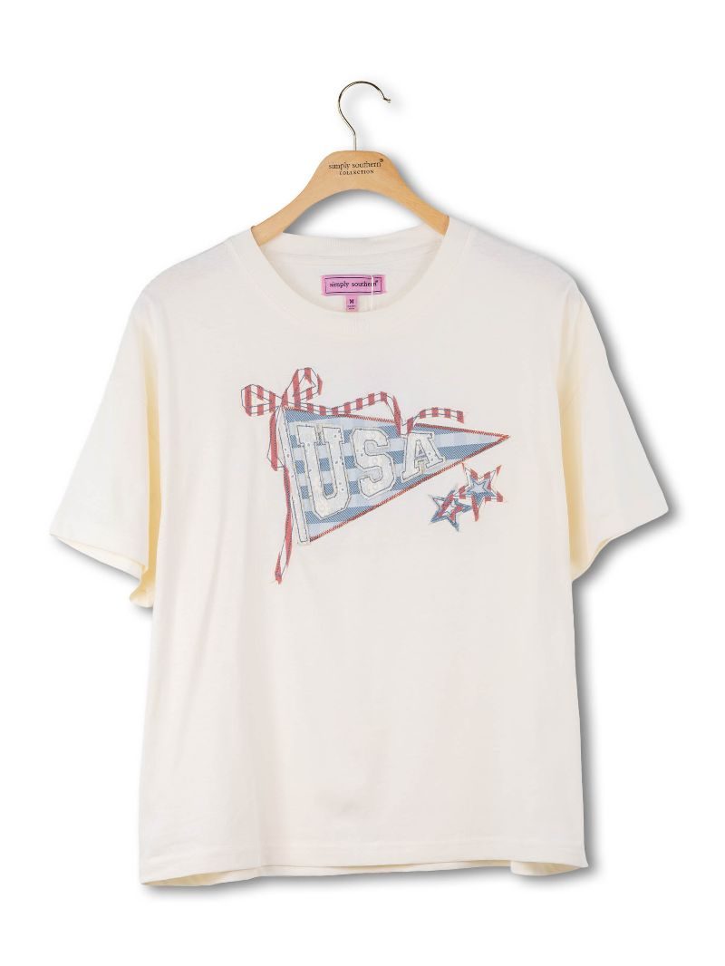 Beige Applique USA Flag Bow Tee