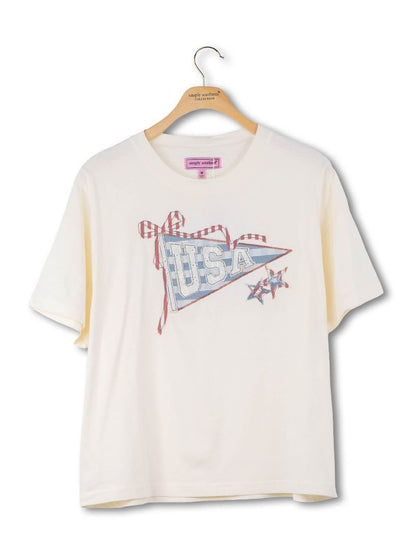 Beige Applique USA Flag Bow Tee