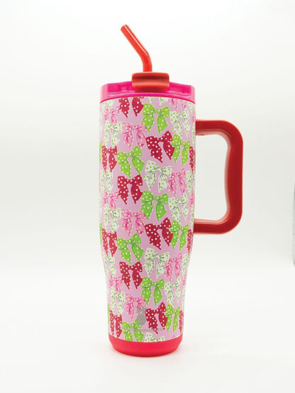 Dotted Holiday Bows 40 oz. Handle Tumbler