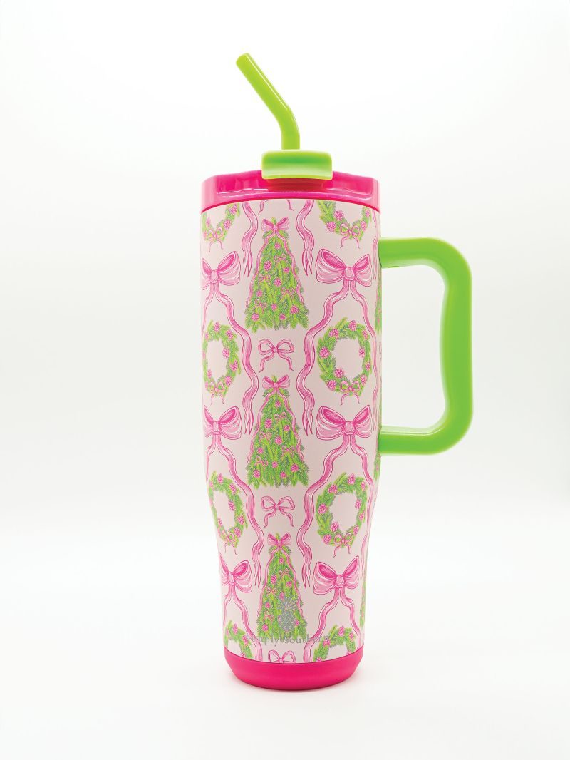Green Holiday Bows 40 oz. Handle Tumbler