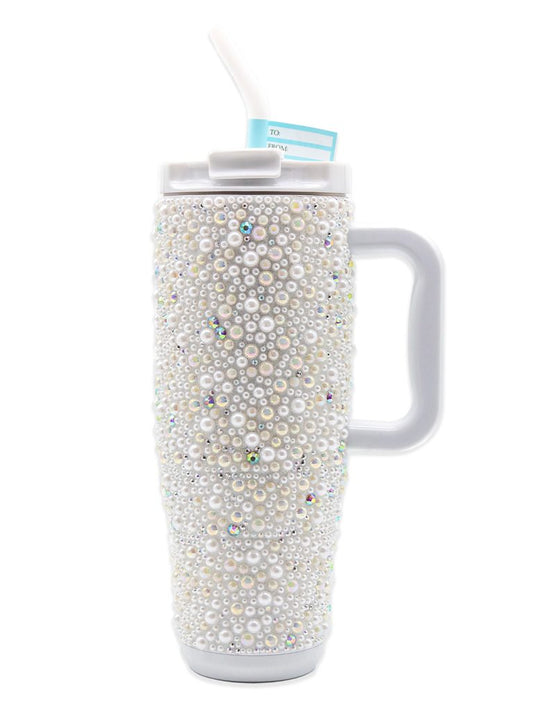 White Pearl Rhinestone 40 oz. Handle Tumbler