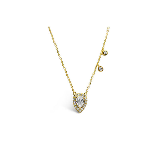 Gold Reversed Teardrop Solitaire Halo Necklace - Modern Glamour