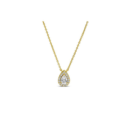 Gold Reversed Teardrop Solitaire Halo Necklace - Modern Glamour