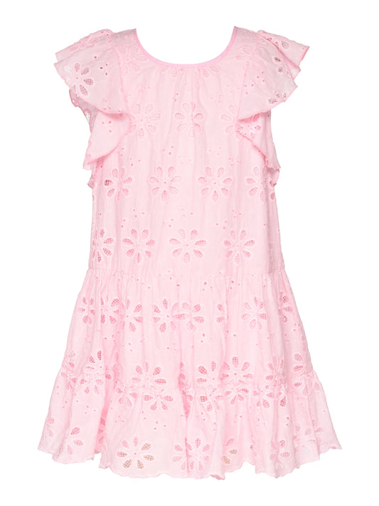 Tween Pink Tiered Eyelet Dress with Flutter Sleeves
