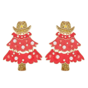 Western Christmas Tree Glitter Enamel Earrings