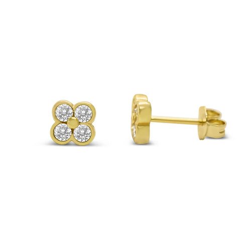 Gold CZ Clover Stud Earrings