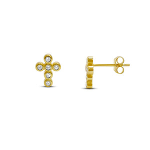 Gold CZ Bezel Cross Stud Earrings