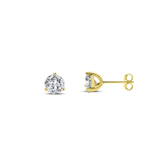 Gold Solitaire Stud 3 Prong 1CT Earrings