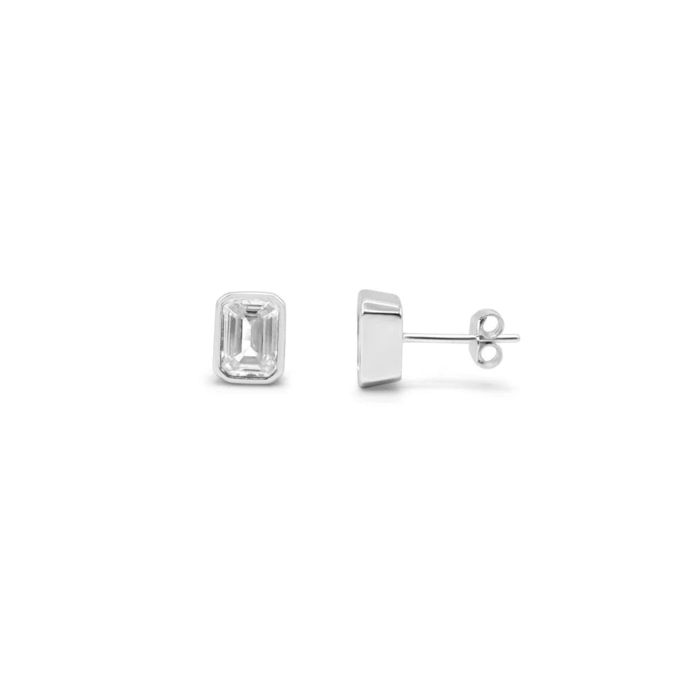 Silver Bezel Baguette Stud Earrings
