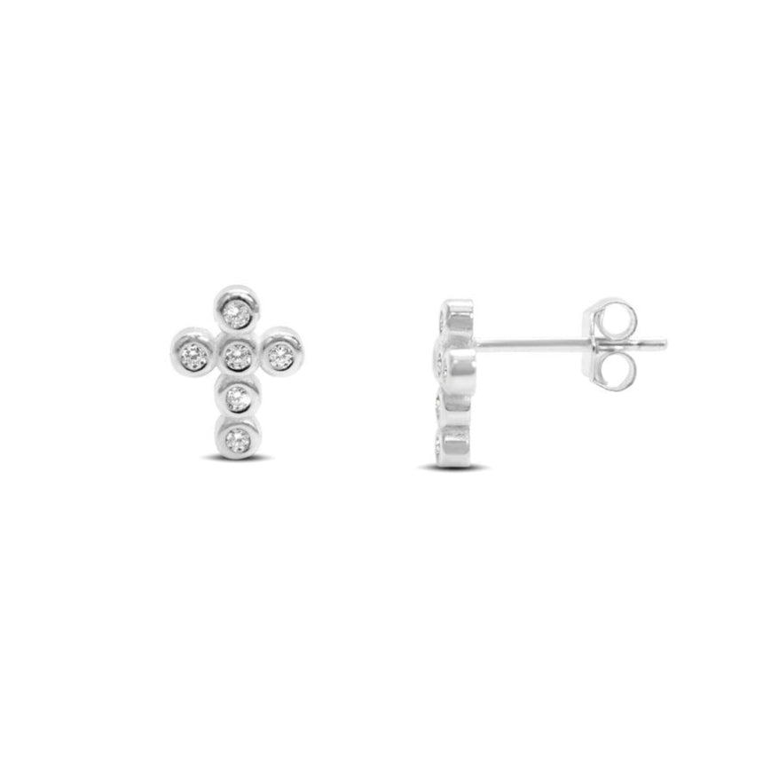 Silver CZ Bezel Cross Stud Earrings