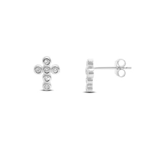 Silver CZ Bezel Cross Stud Earrings