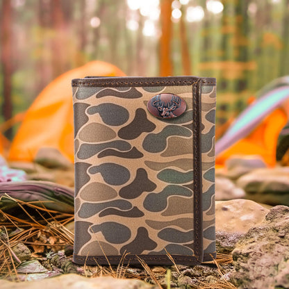 Brown & Tan Camo Buck Trifold Leather Wallet
