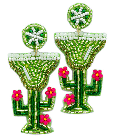 Green Cocktail & Cactus Beaded Earrings