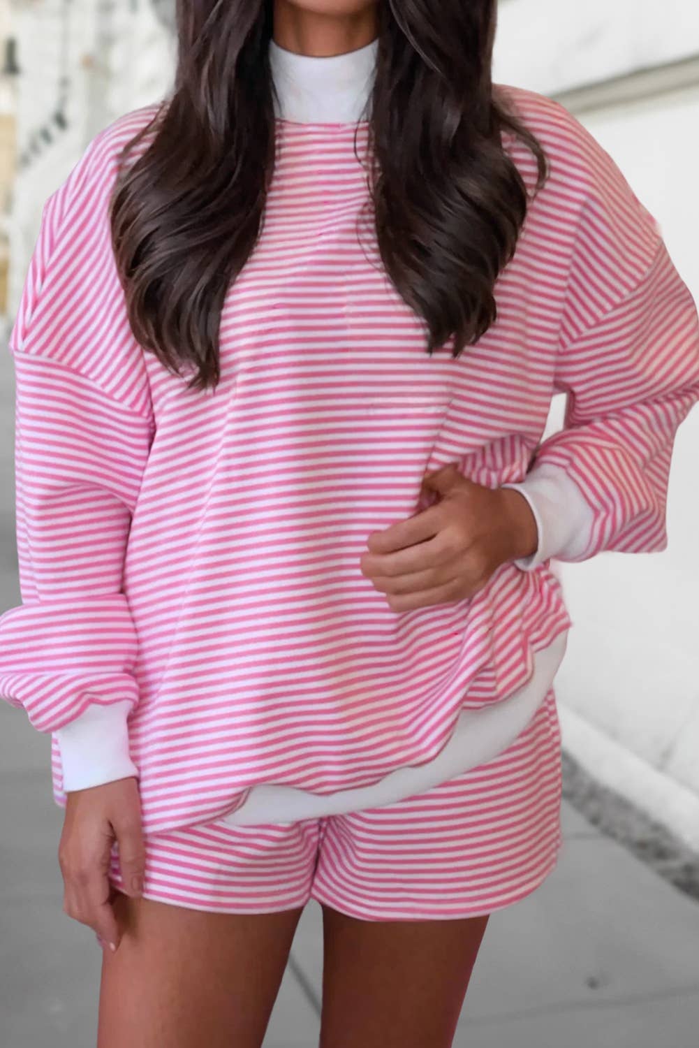 Light Pink Stripe Mock Neck Sweatshirt & Shorts Set