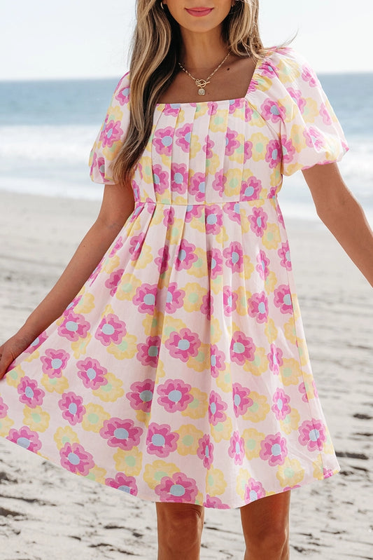 Pink & Yellow Floral Flared Midi Dress