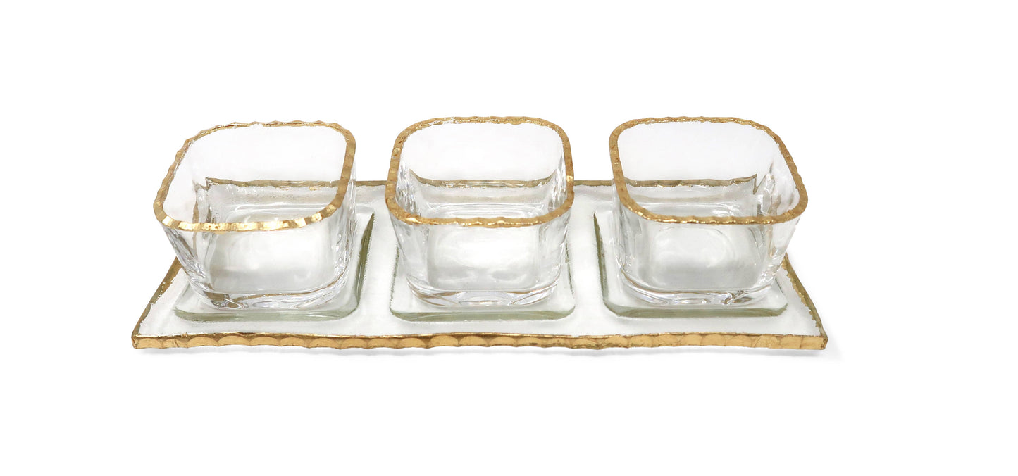 Gold Rim 3 Bowl Relish Dish on Tray