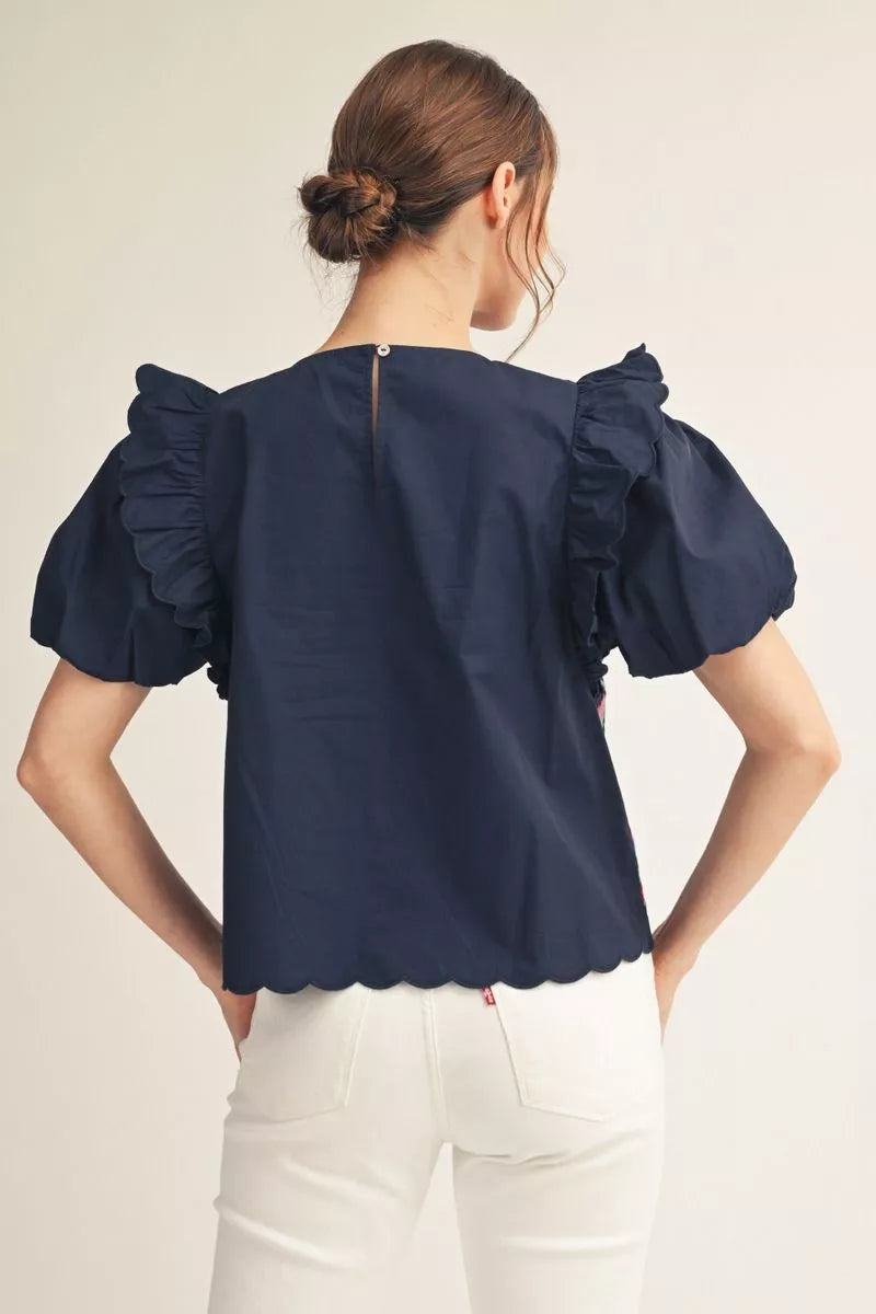 Navy Midnight Mosaic Puff Sleeve Top