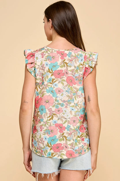 Cream Floral Ellie Top with Ruffled Sleeves
