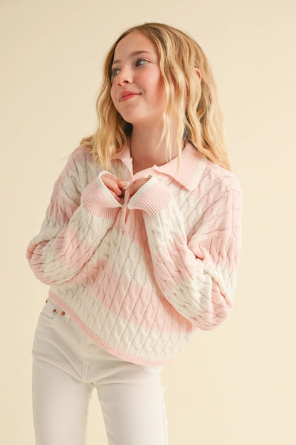 Tween Pink Long Sleeve Cable Knit Polo