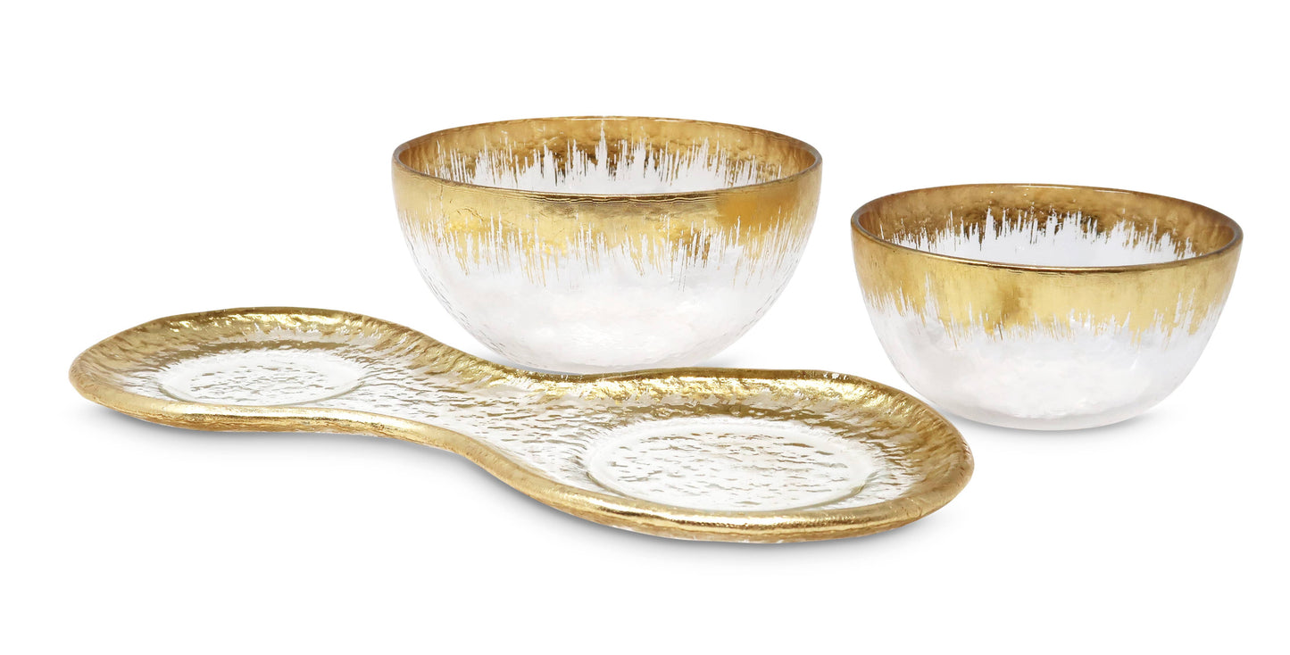 Gold Design 2 Bowl Relish Dish on Tray