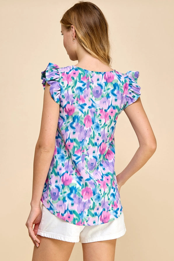 Orchid Floral Gabbie Top with Ruffled Sleeves