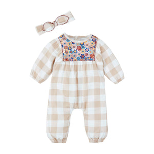 Mud Pie Neutral Check Floral Longall & Headband Set