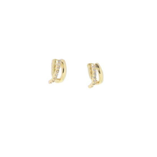 18K Gold Plated Small 2 Band Huggie w/ Clear Left Crystal Band Earrings