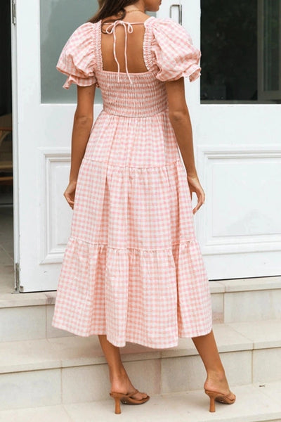 Pink Textured Gingham Tiered Midi Dress